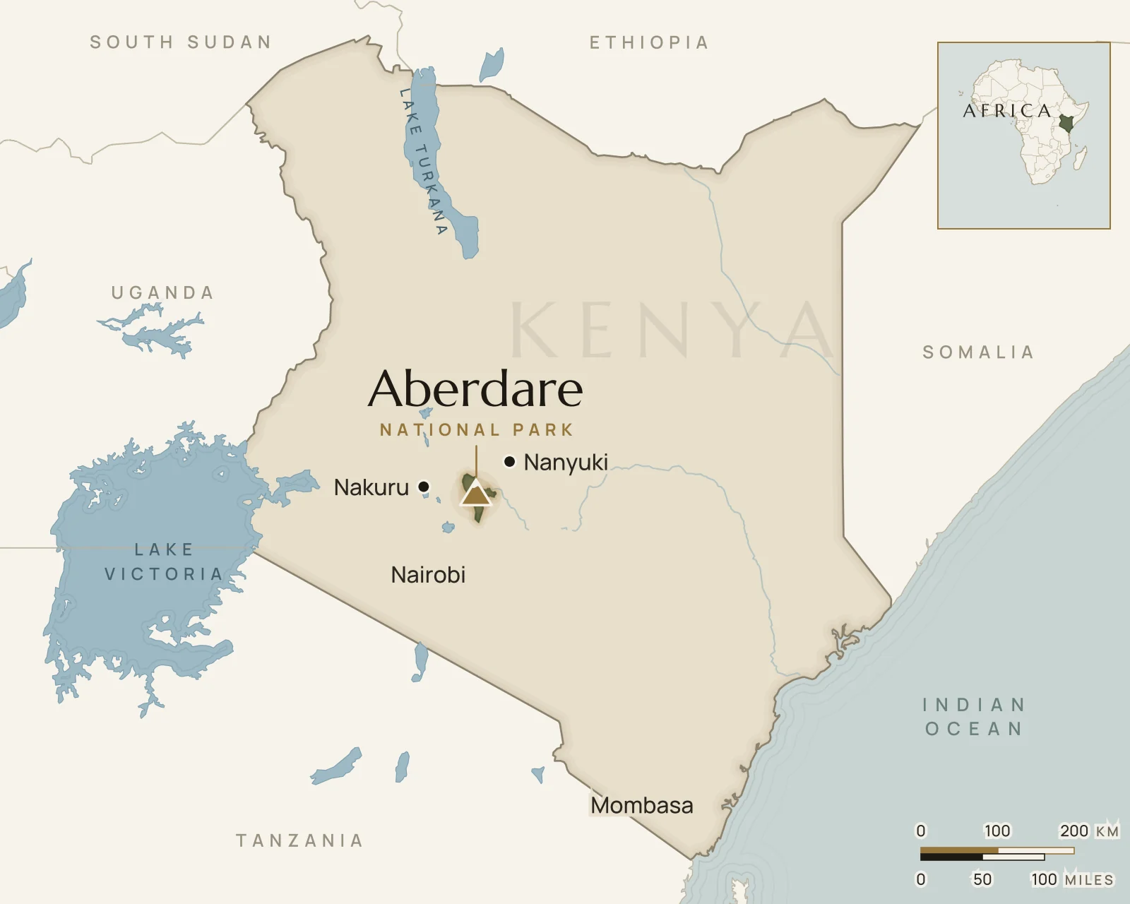 Map of Kenya showing where Aberdare National Park is: central Kenya, west of Mount Kenya