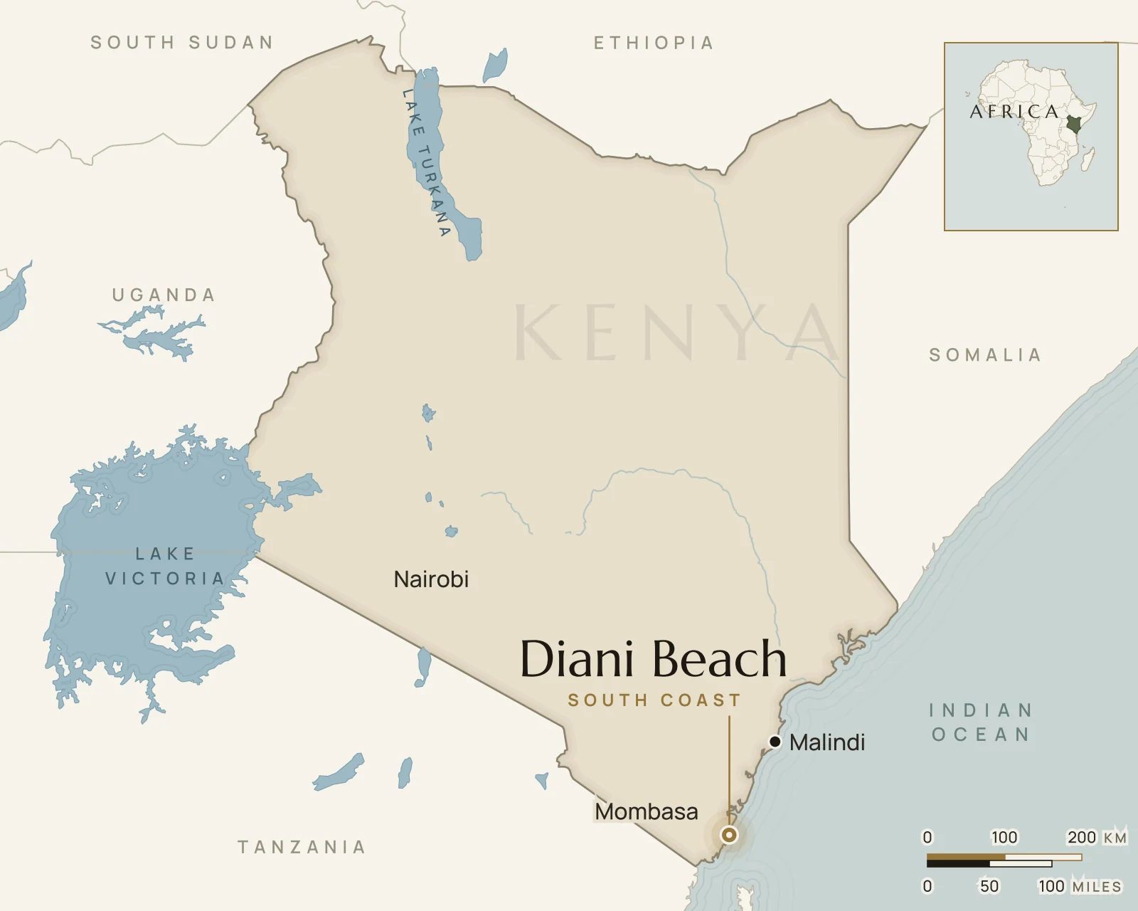 Map of Kenya showing where Diani Beach is: kenya’s south coast, south of Mombasa