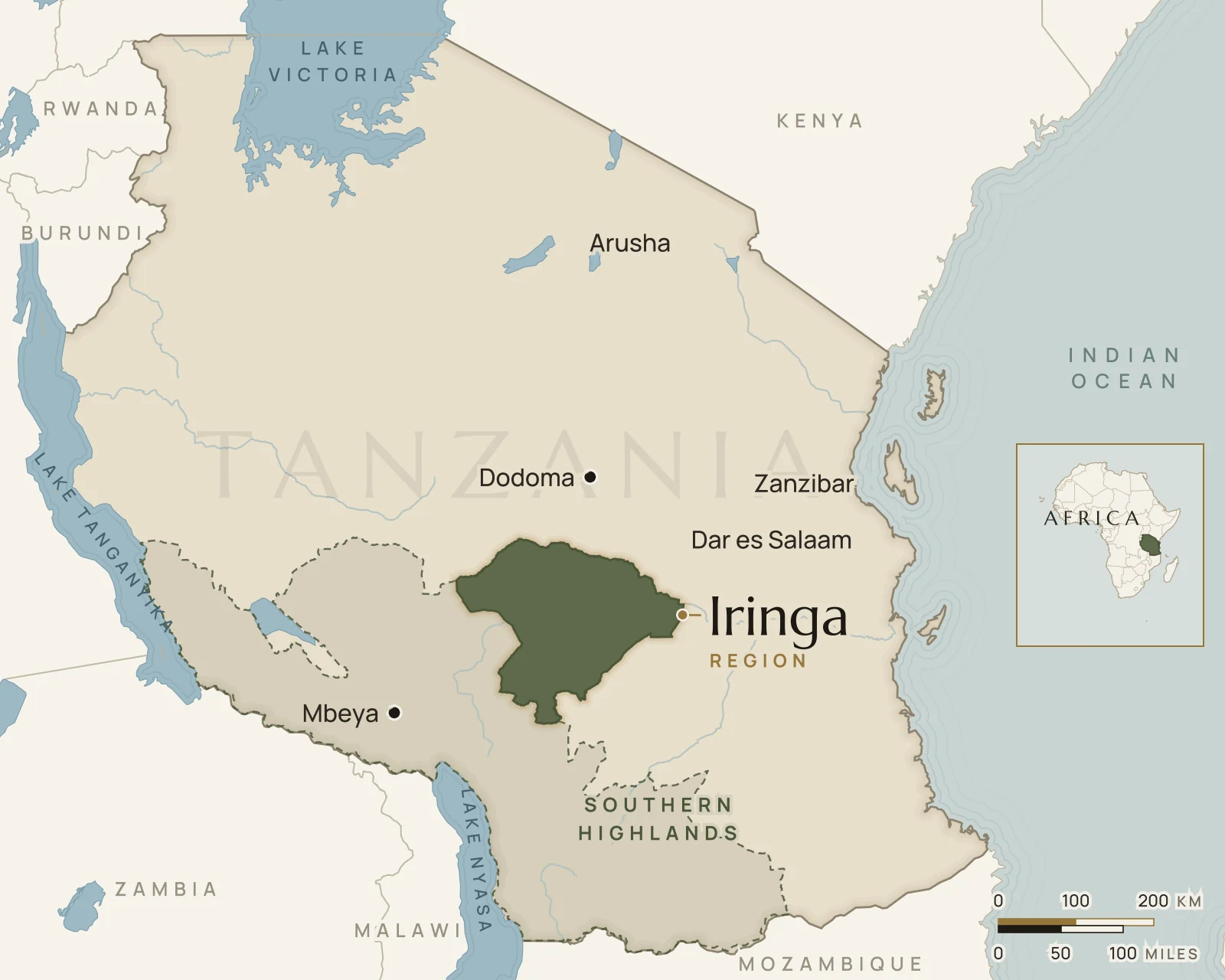 Map of Tanzania showing Iringa Region in the south-central highlands, within the wider Southern Highlands zone that stretches south-west to Lake Nyasa and the Zambian border