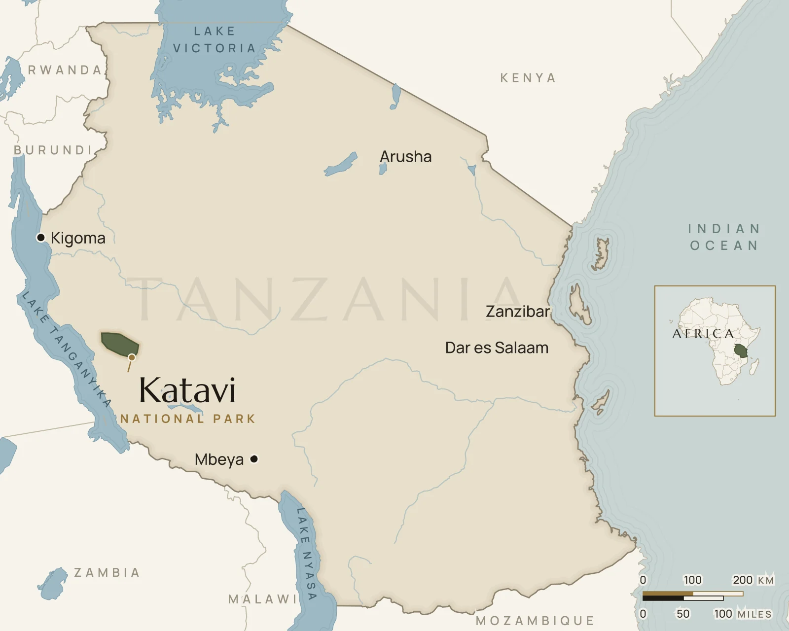 Map of Tanzania showing where Katavi National Park is: western Tanzania, near Mpanda.