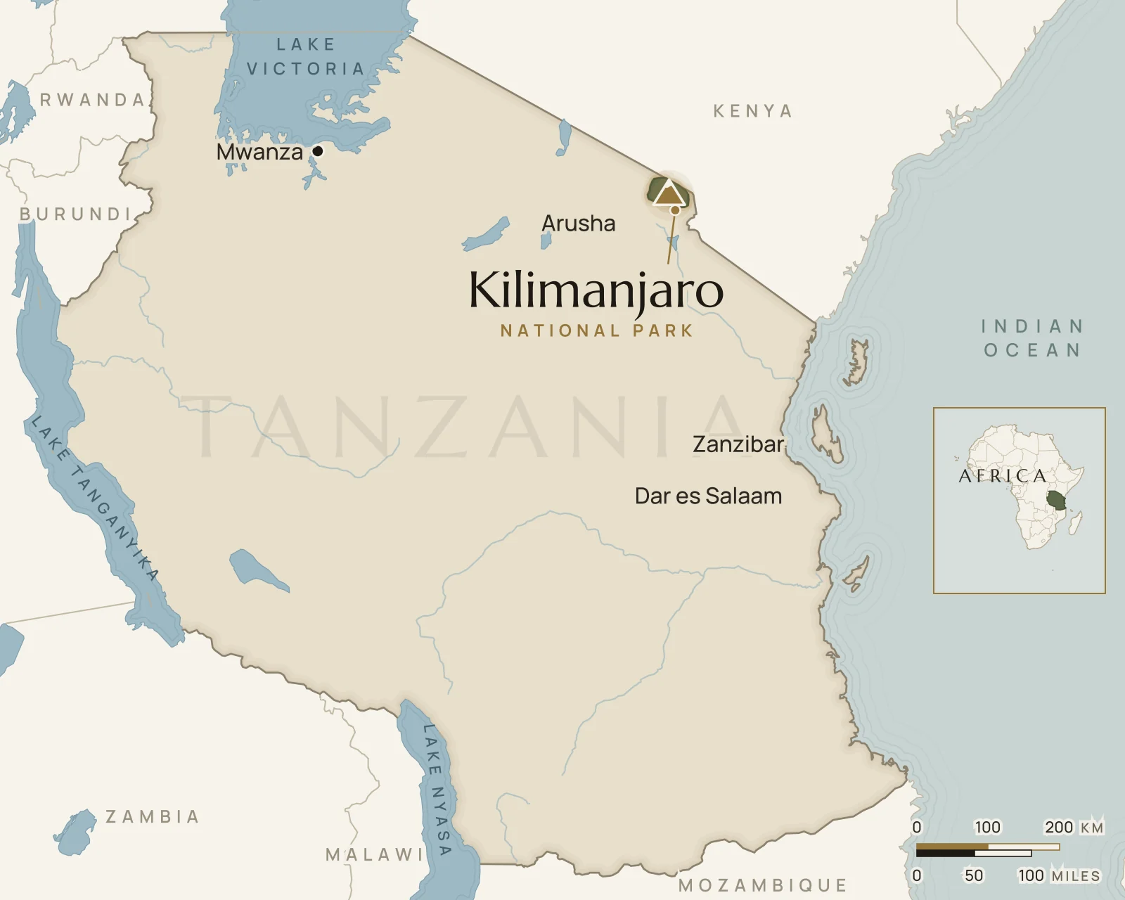 Map of Tanzania showing where Mount Kilimanjaro is: northern Tanzania, on the Kenyan border near Moshi.