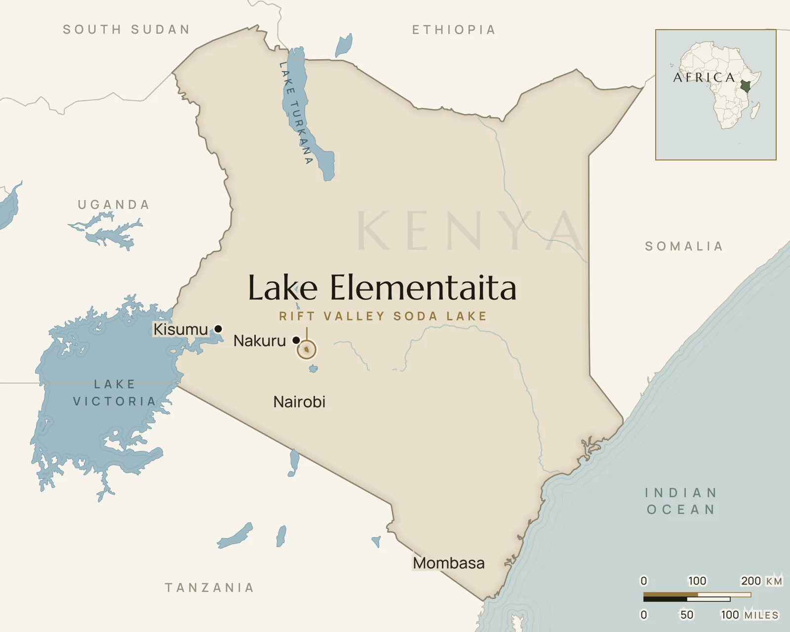 Map of Kenya showing where Lake Elementaita is: kenya’s Central Rift Valley, between Naivasha and Nakuru