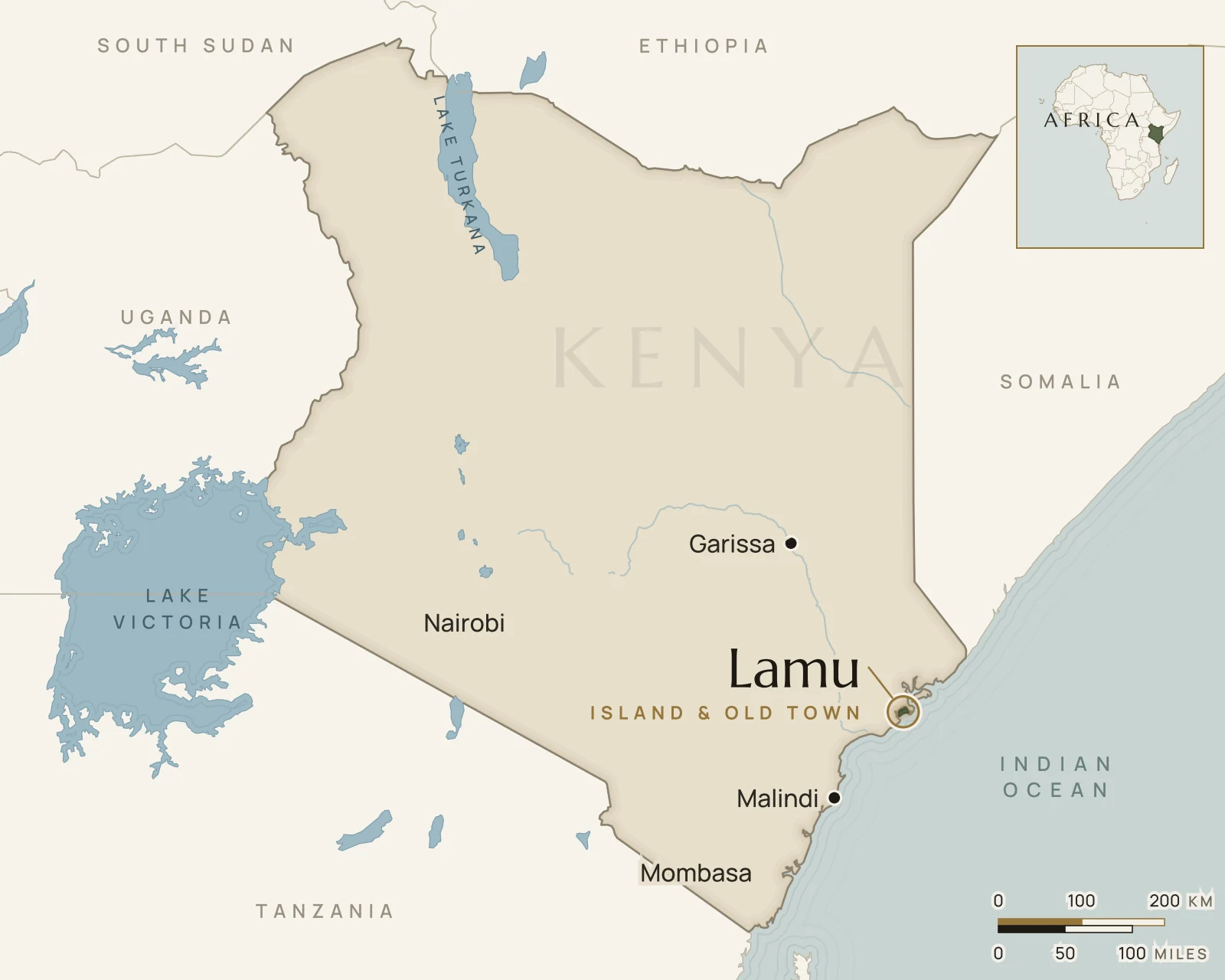 Map of Kenya showing where Lamu Island is: kenya’s far north coast, in the Lamu Archipelago