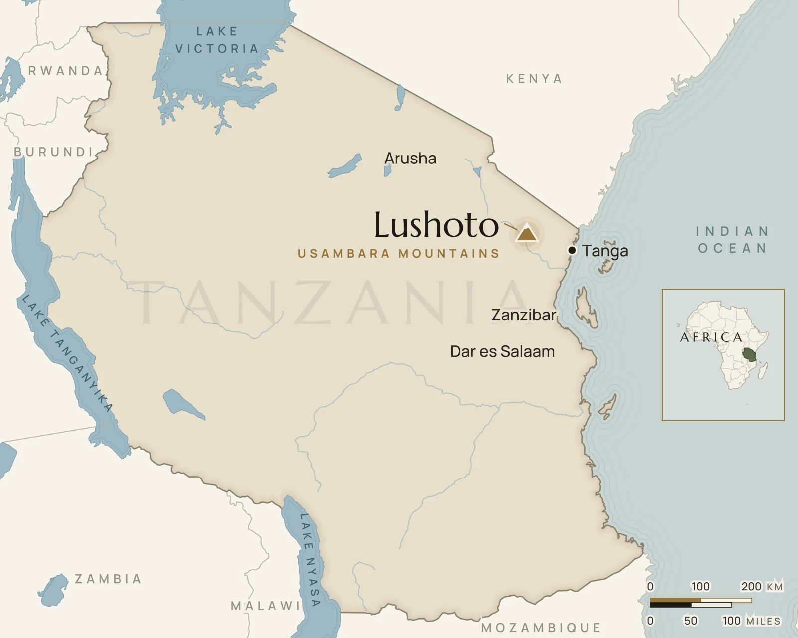 Map of Tanzania showing where Lushoto (Usambara) is: north-eastern Tanzania, in the Usambara Mountains.