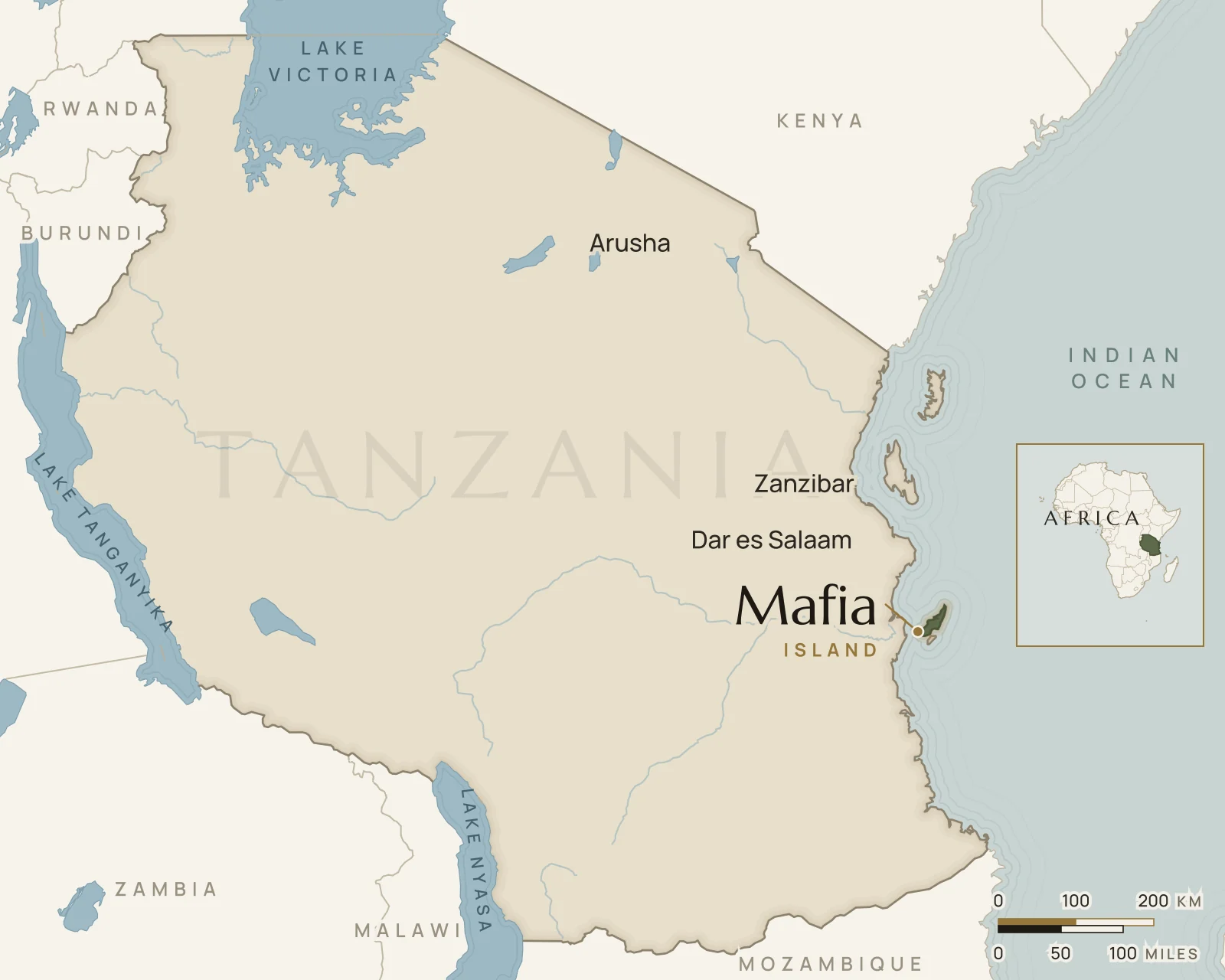 Map of Tanzania showing where Mafia Island is: off the Rufiji Delta, south of Dar es Salaam.