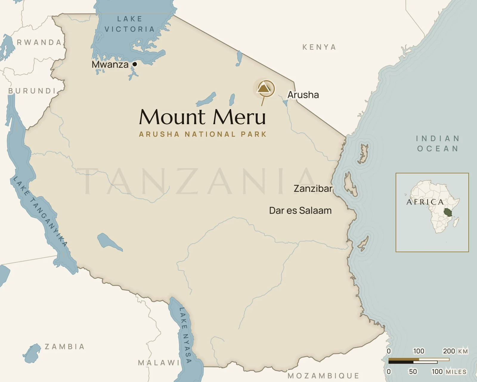 Map of Tanzania showing where Mount Meru is: northern Tanzania, just north-east of Arusha.