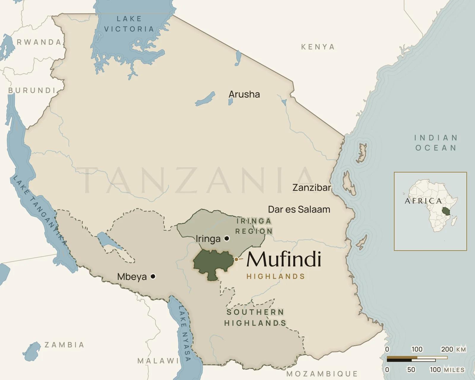Map of Tanzania showing the Mufindi Highlands in the south-west of Iringa Region, within the wider Southern Highlands zone