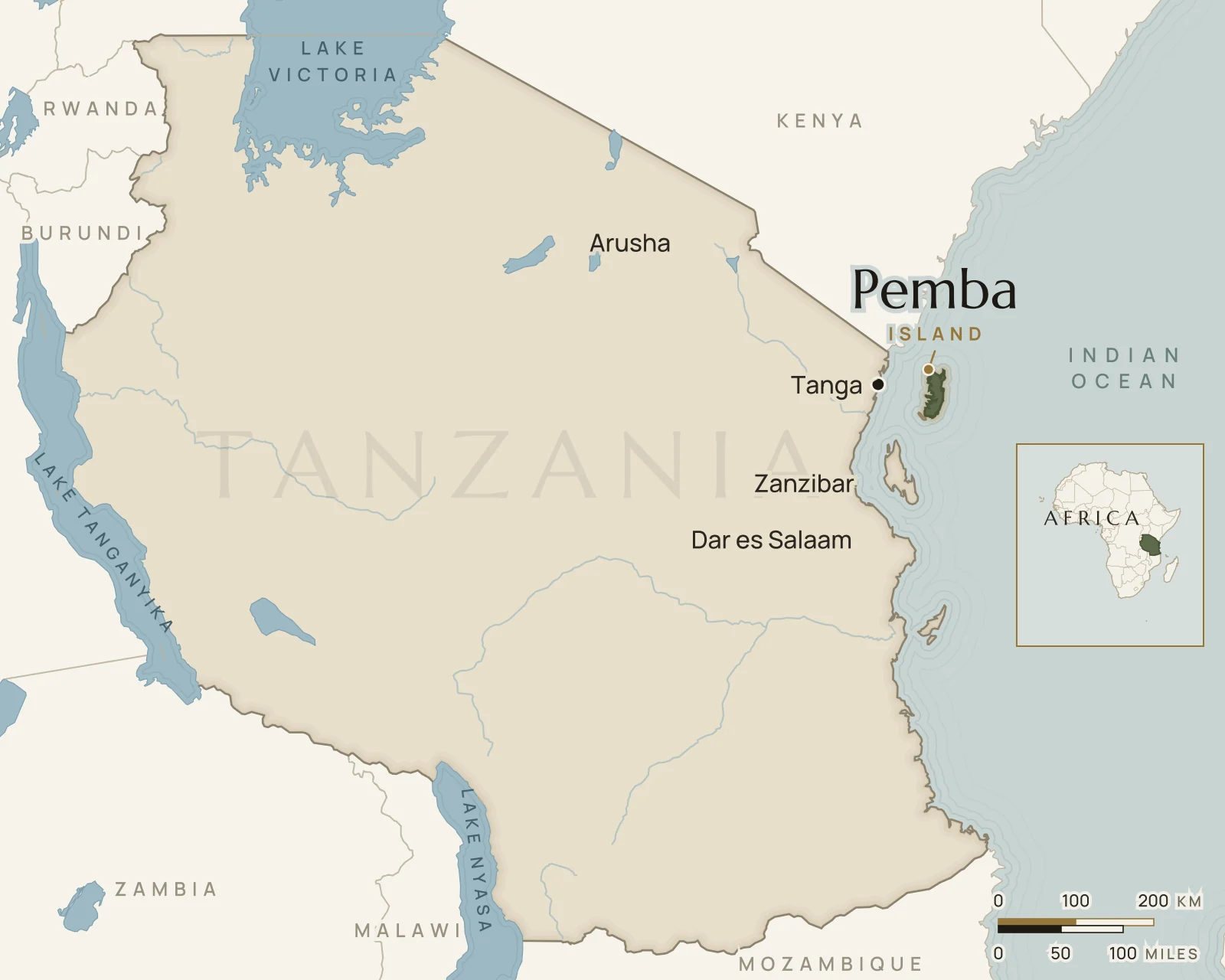 Map of Tanzania showing where Pemba Island is: in the Indian Ocean, north of Zanzibar.