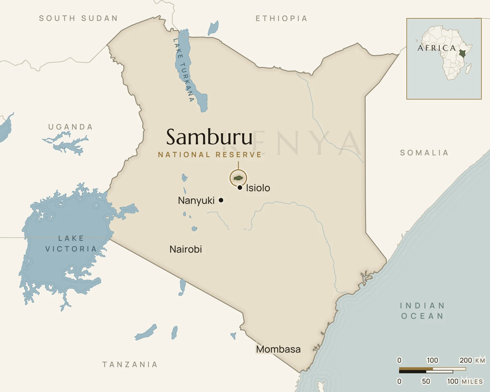 Map of Kenya showing where Samburu National Reserve is: northern Kenya, on the Ewaso Ng’iro River, north of Mount Kenya